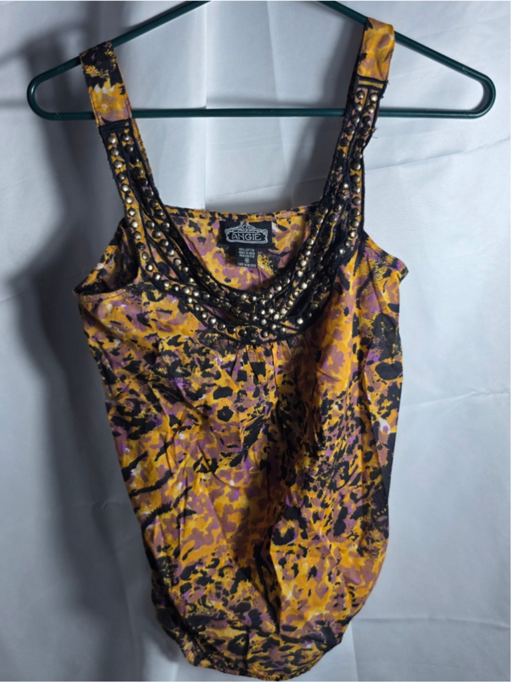 Women's Angie Tank Top Size M Yellow Black Studded Sleeveless Shirt festive chic